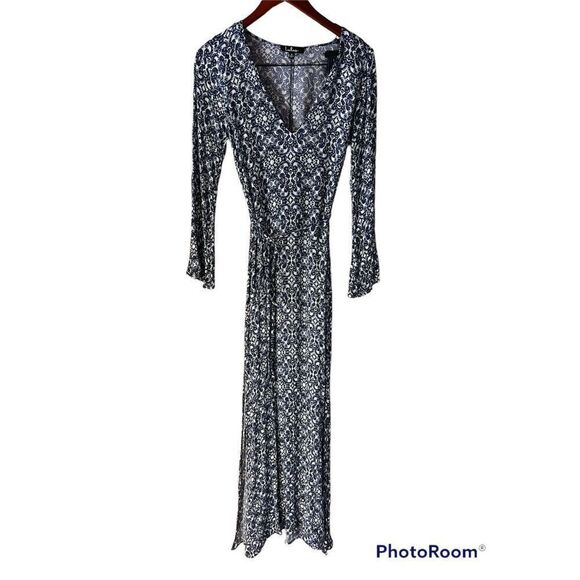 Lulu's Mandala Daydream Maxi Dress L Blue White V-Neck Tie-Waist Long Sleeve - Picture 2 of 4